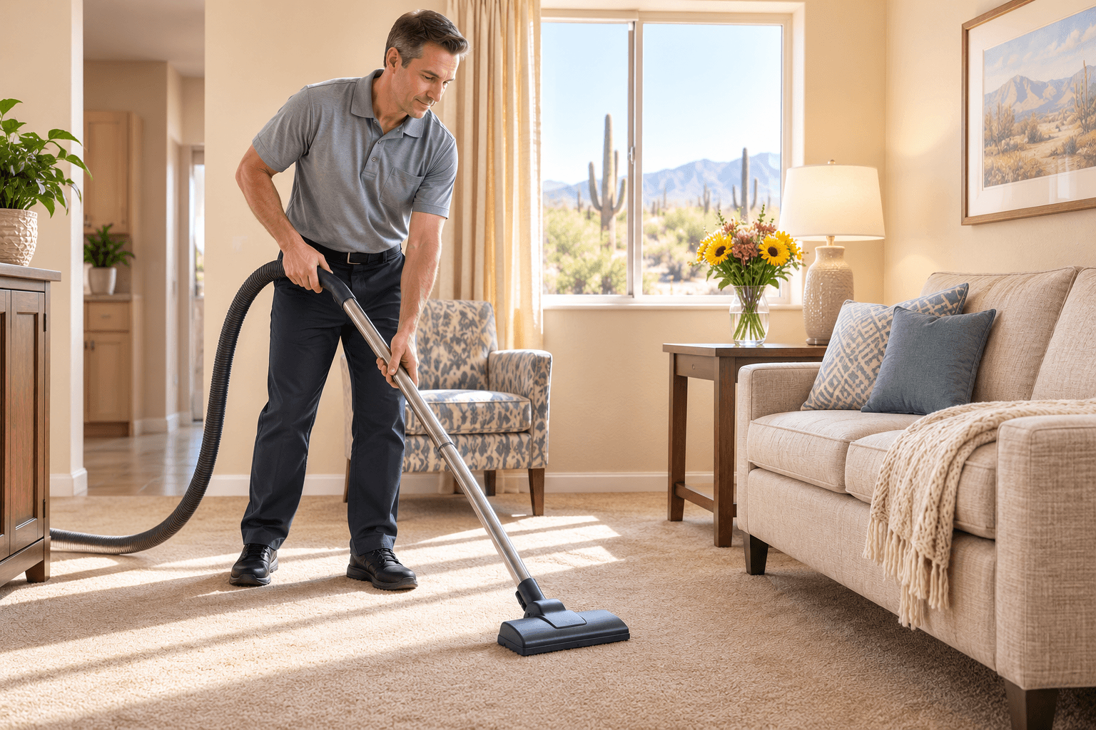 Housekeeper vacuuming the living room floor of a senior apartment at Countryside Senior Living in Queen Creek, AZ
