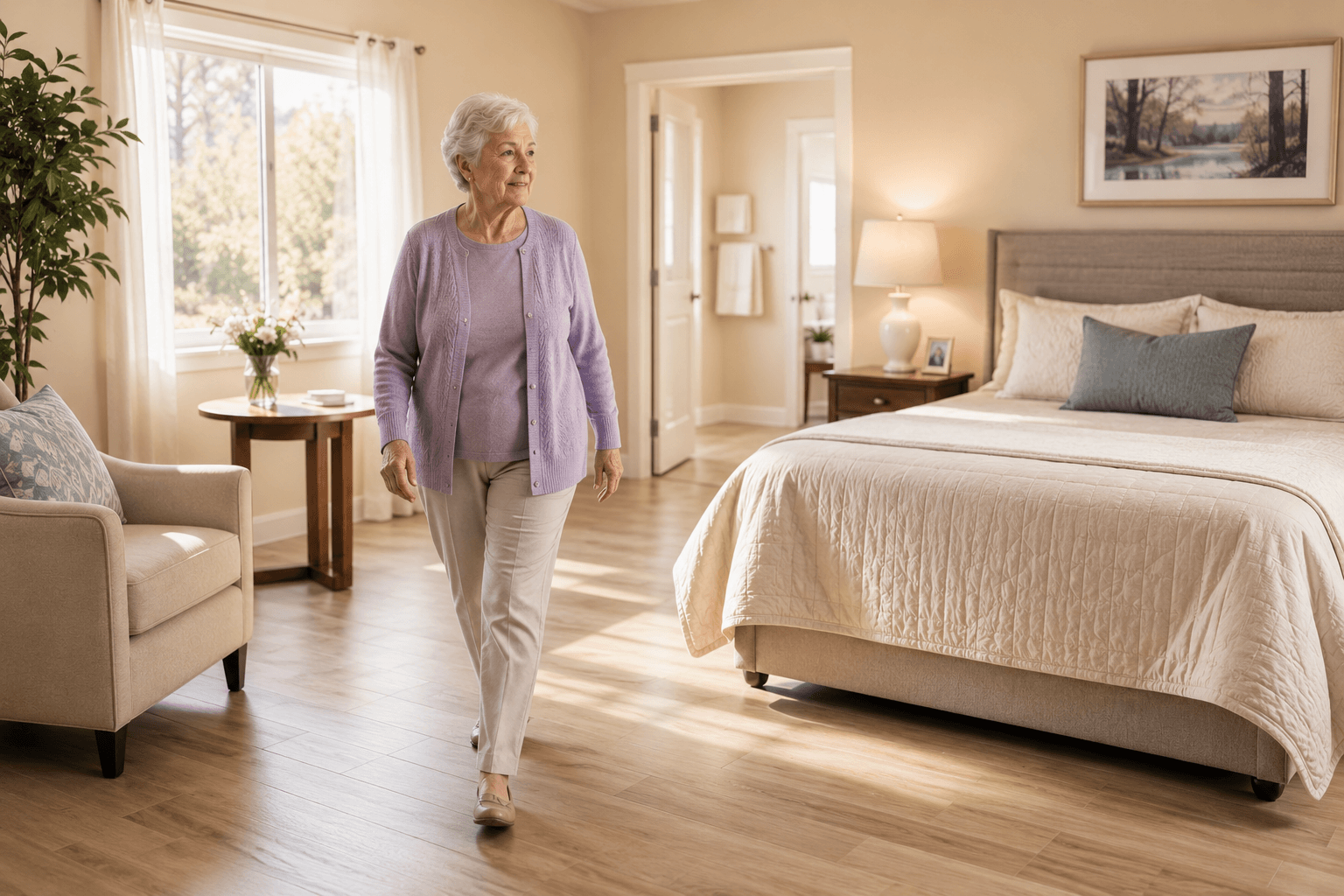 Senior woman walking safely across a clean, clutter-free bedroom in a Queen Creek, AZ senior living community