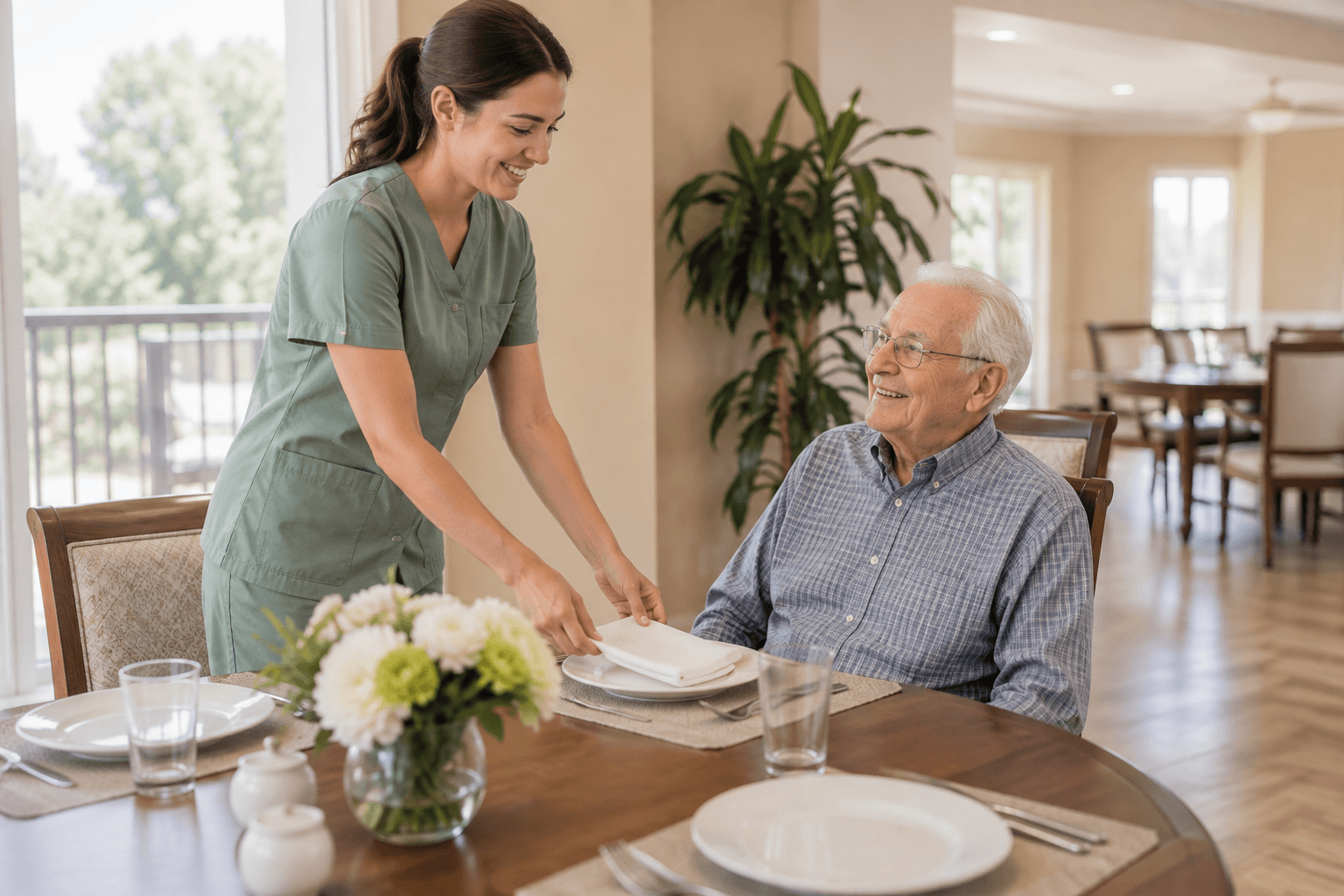 Caregiver setting a freshly cleaned dining table for a senior resident at Countryside Senior Living