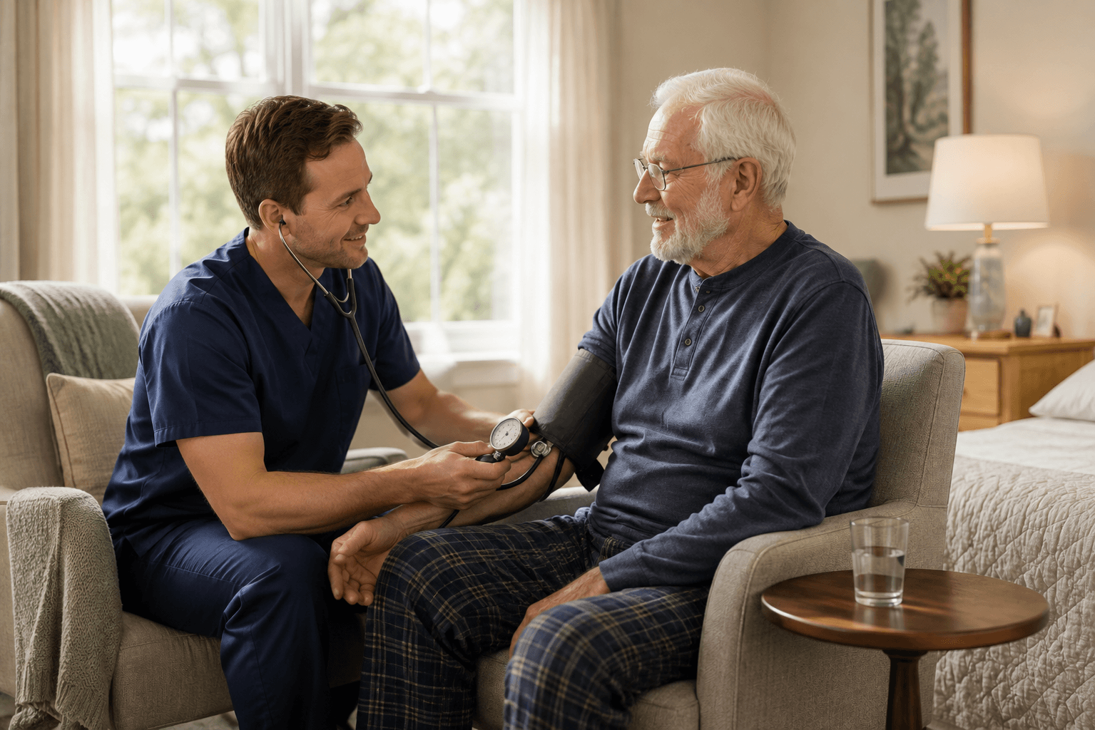 Licensed nurse checking a senior resident's blood pressure during a daily health assessment at Countryside Senior Living in Queen Creek, AZ
