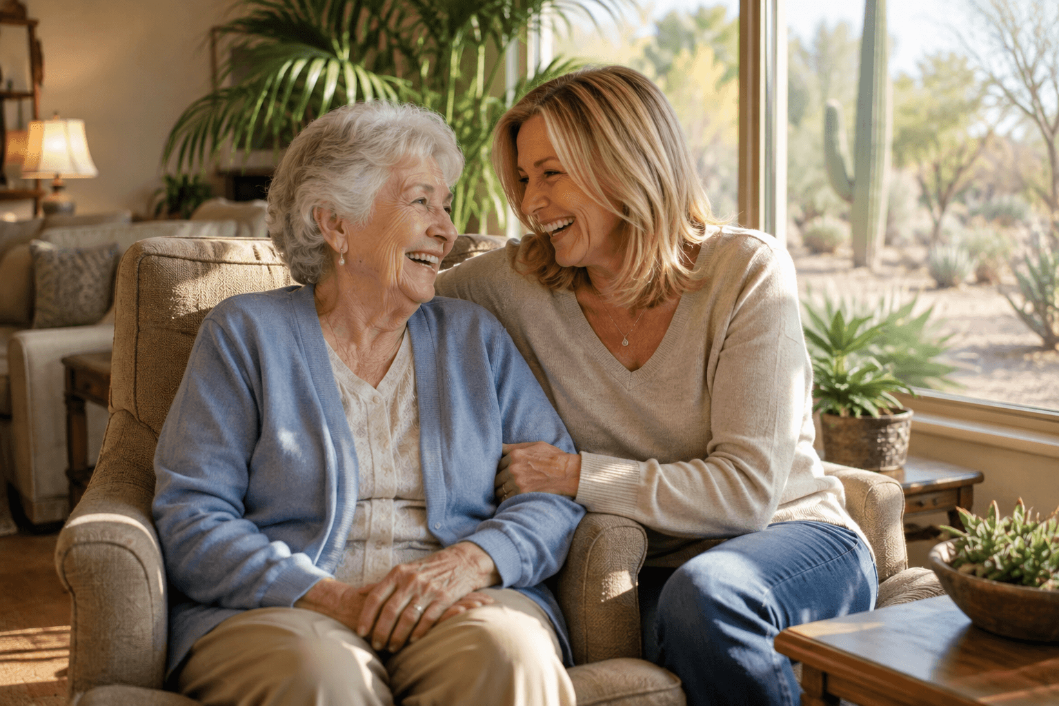 Senior resident visiting with an adult daughter in a comfortable common area at Countryside Senior Living in Queen Creek, AZ