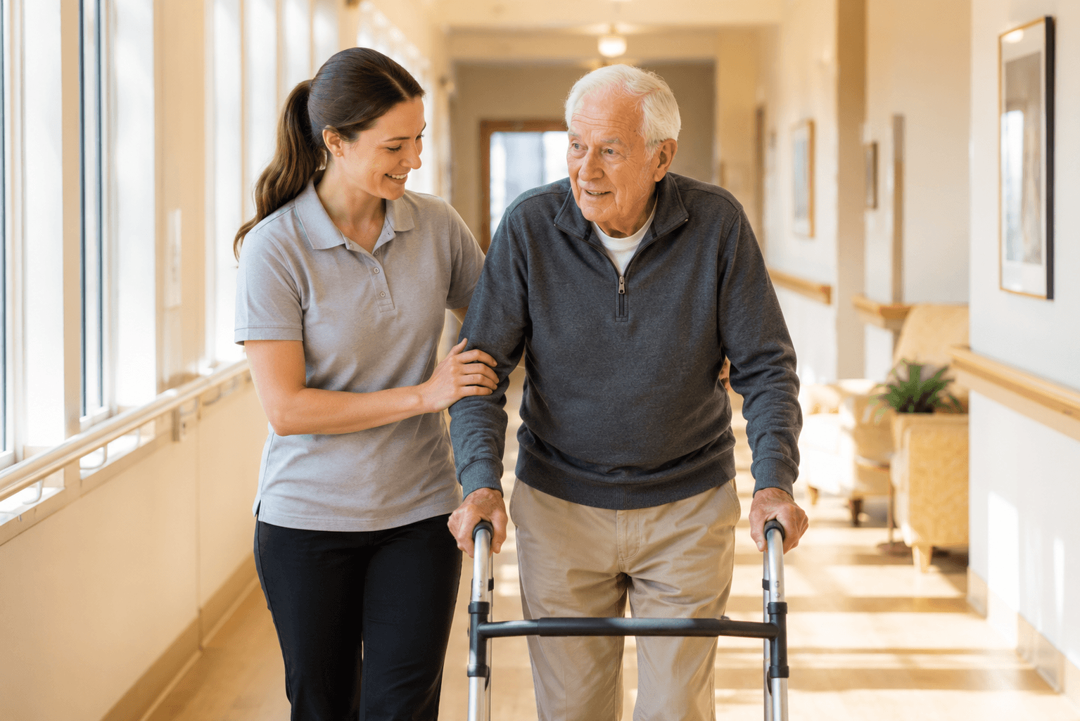 Physical therapist guiding a senior resident through walking exercises during short-term rehabilitation at Countryside Senior Living in Queen Creek, AZ