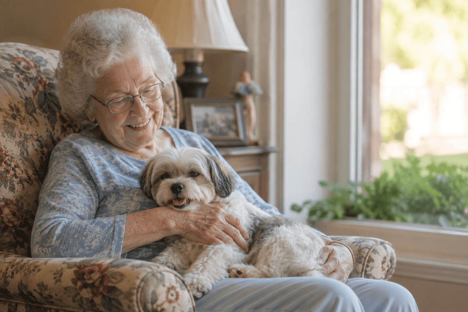 Senior woman sitting in a sunlit living room with a small dog resting in her lap