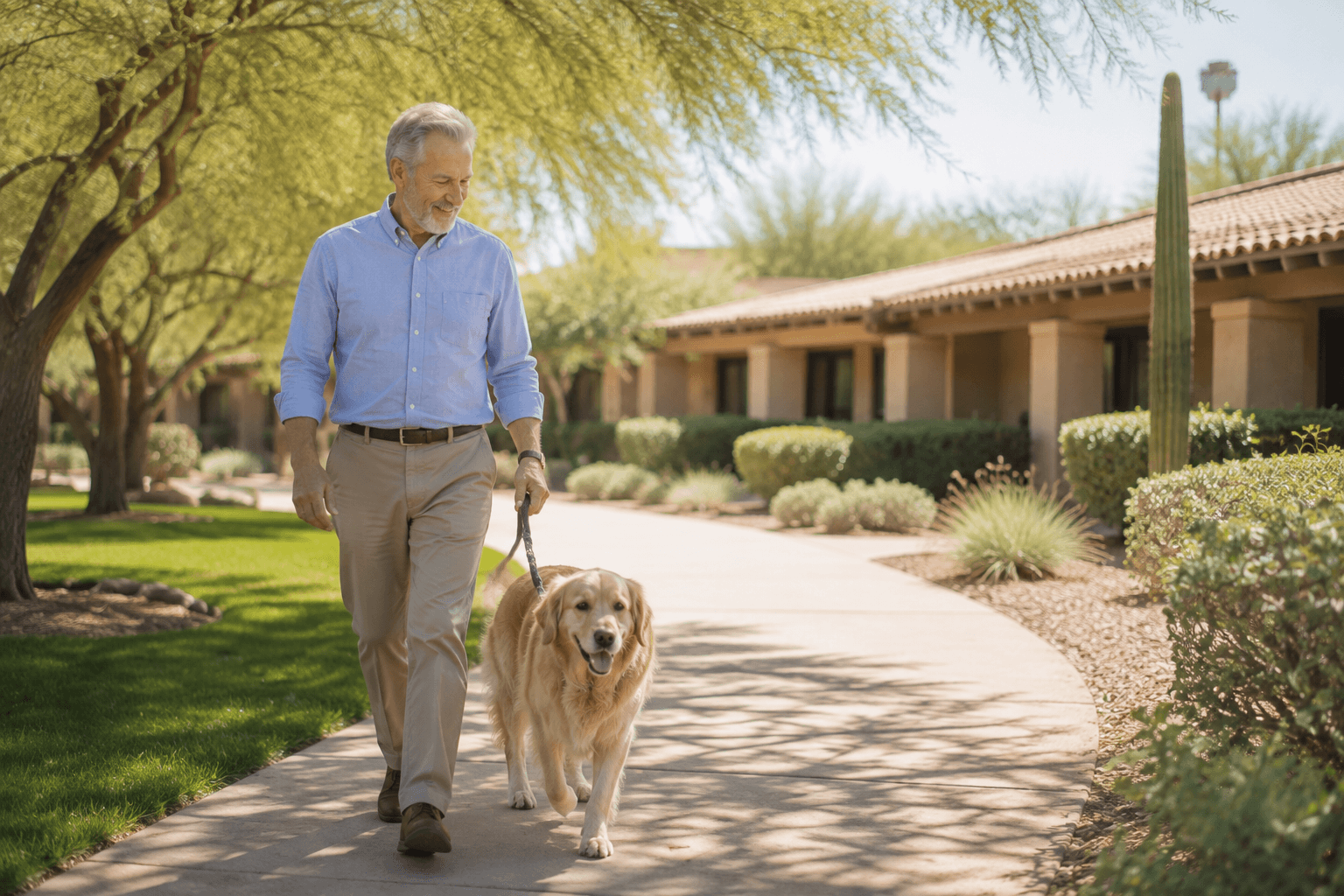 Senior man walking his golden retriever along a shaded path outside a senior living community
