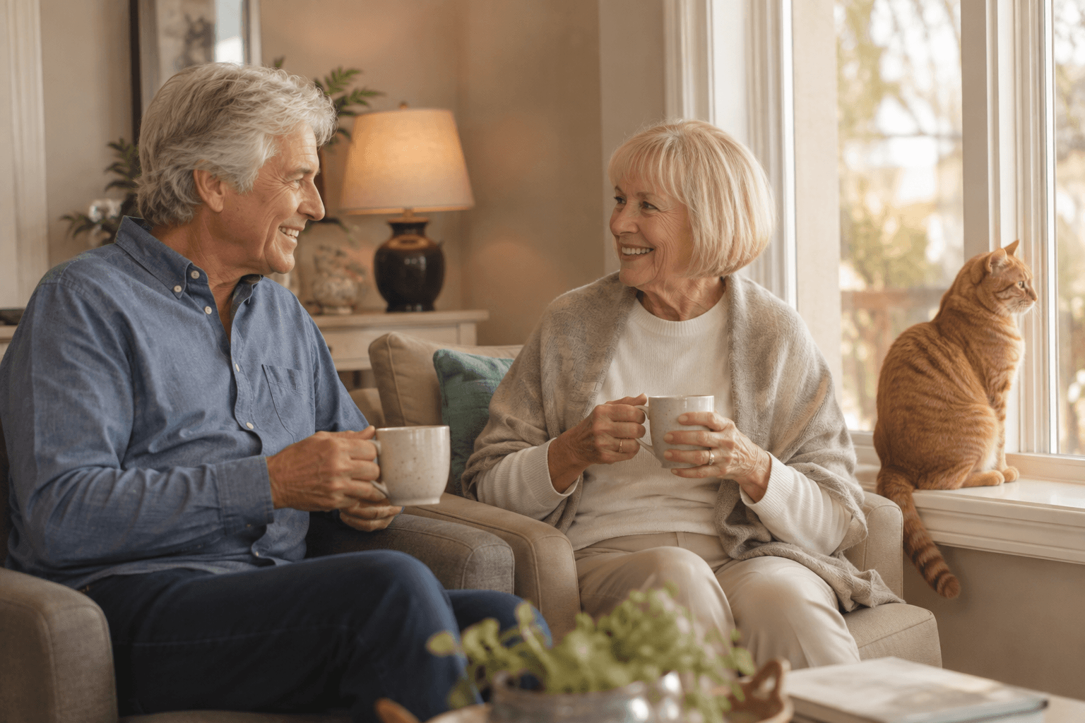 Senior man and senior woman visiting in a home-like common room while a cat rests on a windowsill